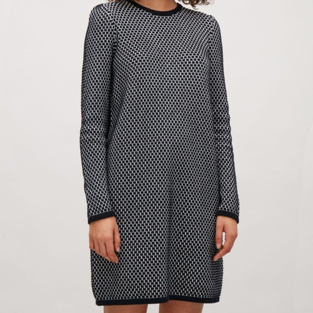 COS Navy and White Sweater Dress Raised Knit